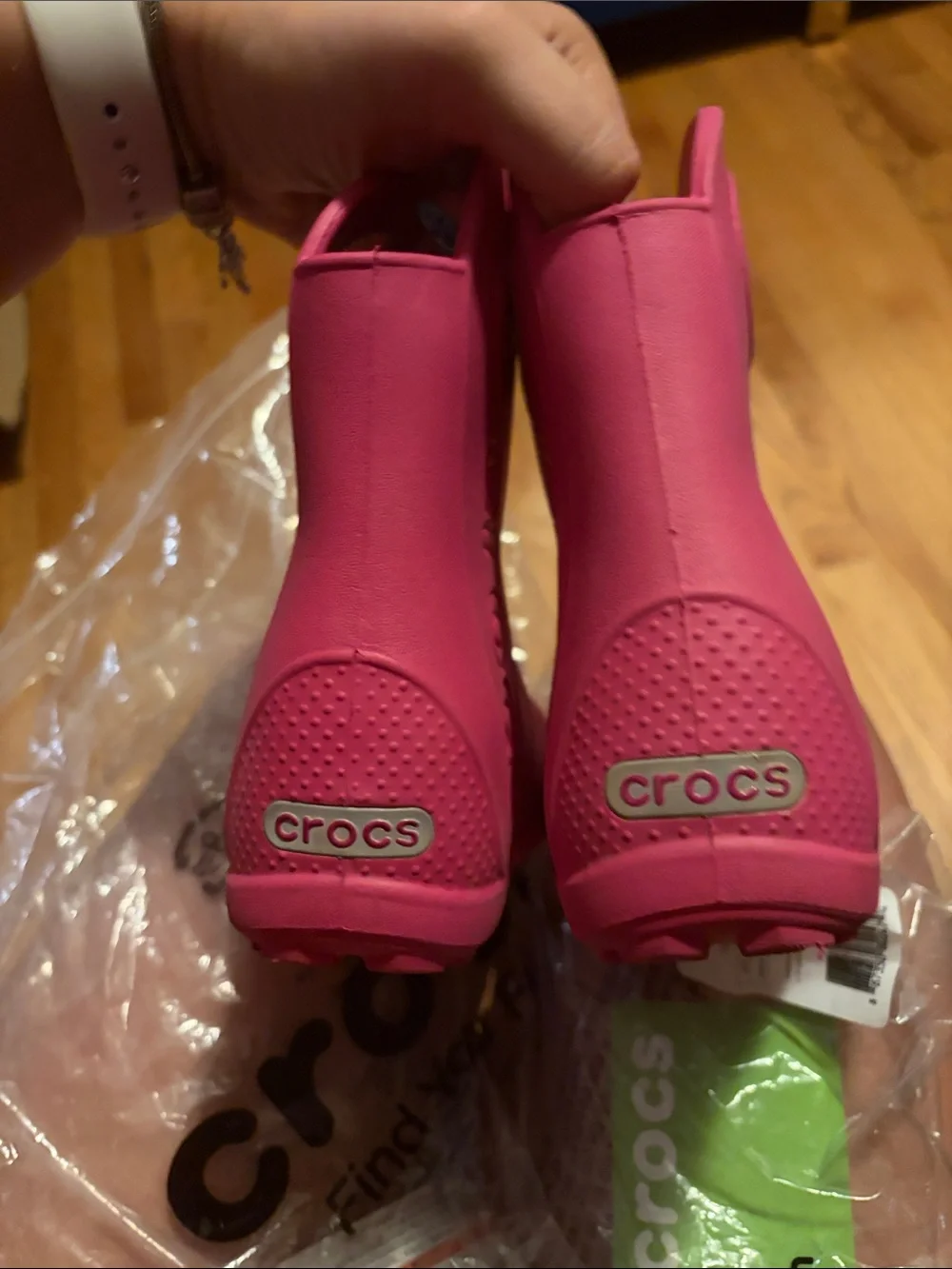 CROCS Kids Hot Pink Waterproof Rain Boots with Pull Handles